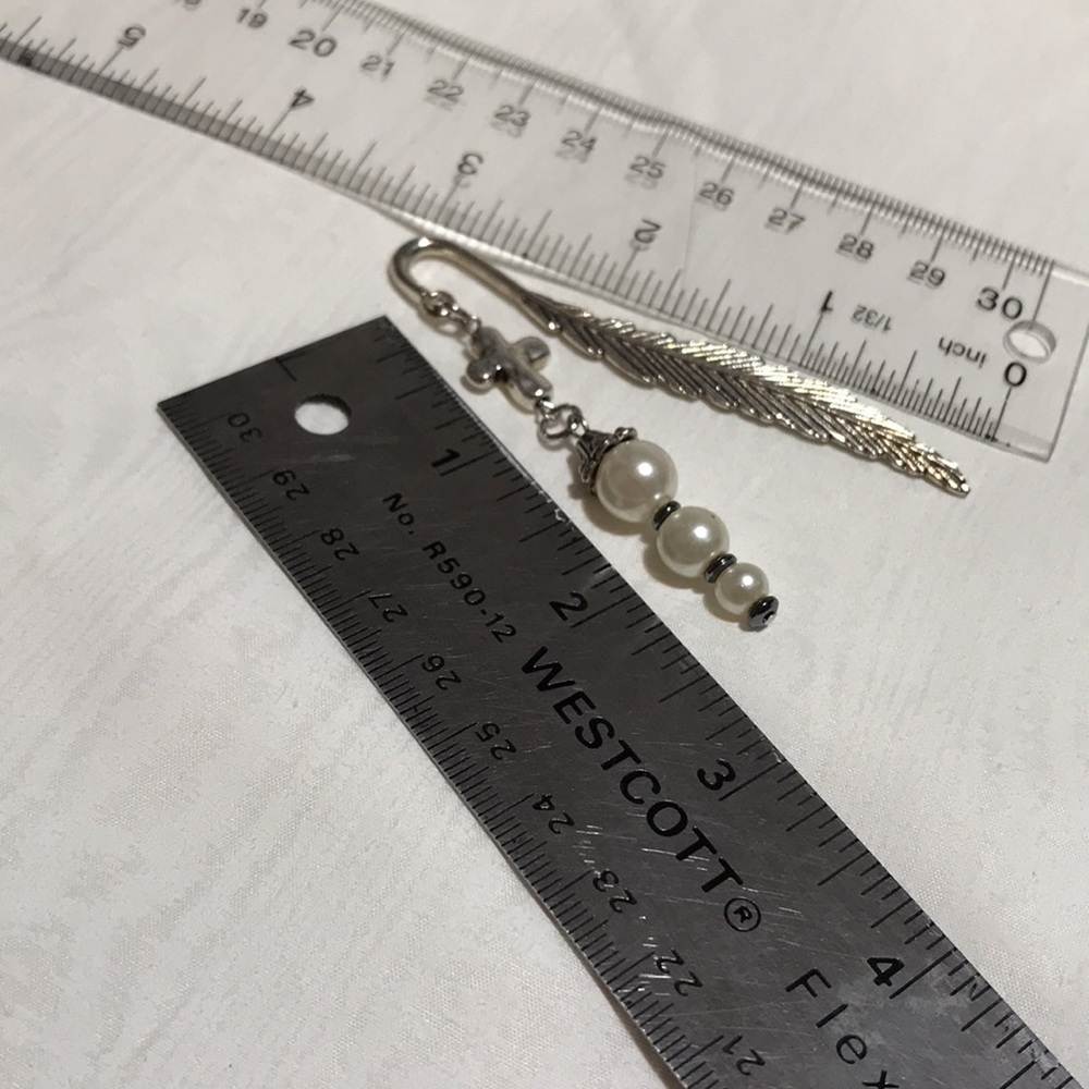 Metal Feather Hook Bookmark w/Metal Cross Bead & 3 White Glass Beads w/Bead Cap - Picture 9 of 9